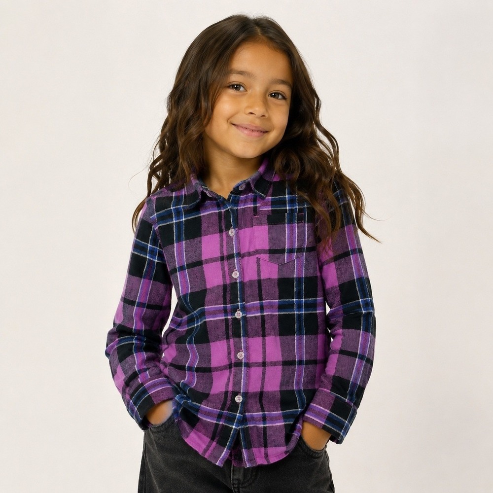 Jumping Beans Girls Purple Plaid Flannel Button Up Shirt Glitter Buttons Size 4